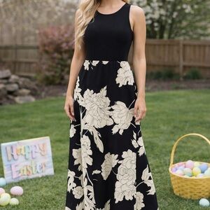 Sleeveless Black Maxi Dress with Cream Floral Print
